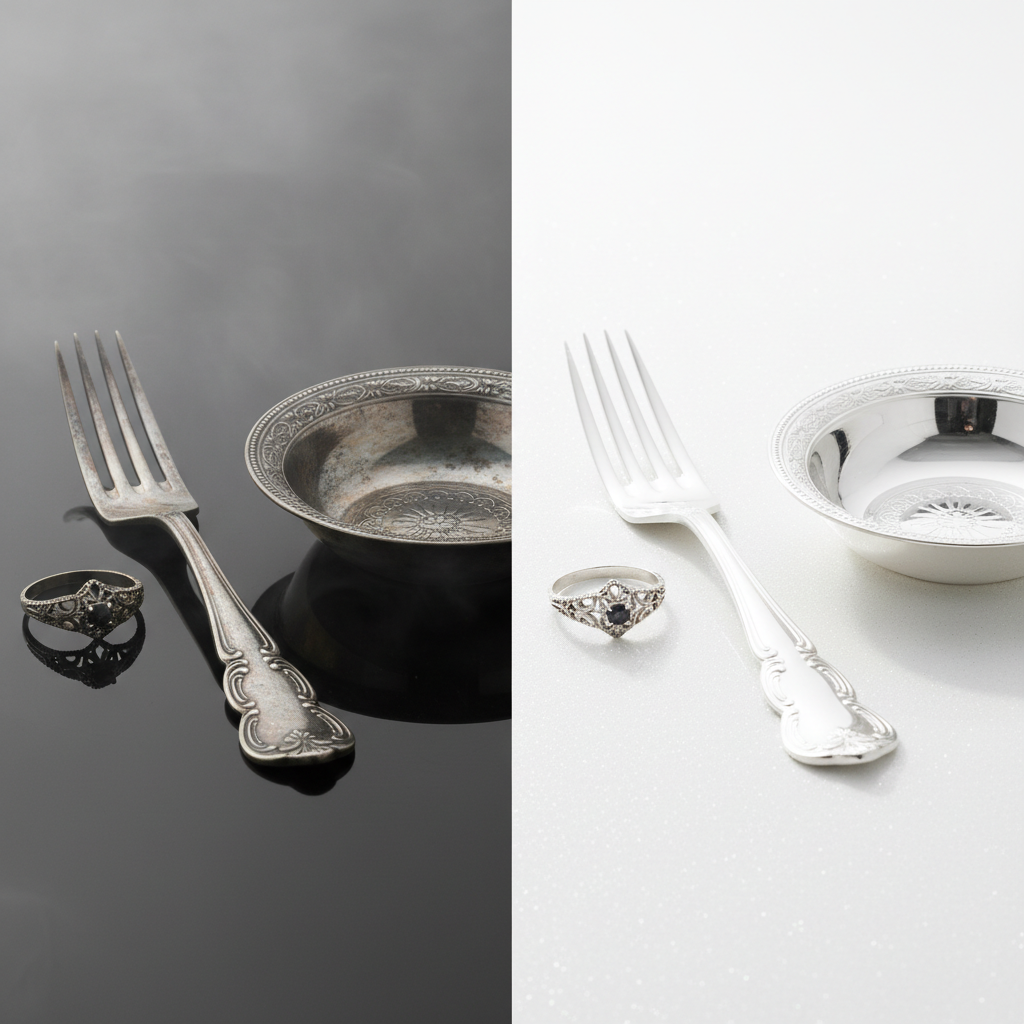 A split image showcasing the dramatic transformation of silver. On the left, a collection of visibly tarnished silver items – an antique fork, a delicate ring, and a small decorative dish – appear dull, dark, and oxidized, reflecting ambient light poorly. On the right, the exact same items gleam brightly, polished to a brilliant, mirror-like finish, sparkling under crisp, clear lighting. The background transitions subtly from a muted, hazy tone on the left to a sparkling, pristine white on the right. Professional photo, high contrast, studio lighting.