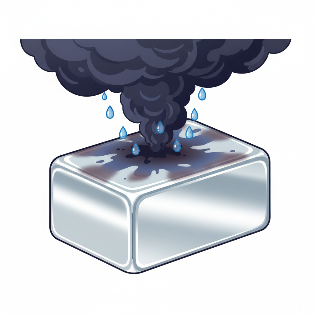 An infographic style illustration depicting the process of silver tarnishing. A shiny, idealized silver surface dominates the center. Above it, abstract, dark, swirling cloud-like elements (representing sulfur compounds) drift downwards, accompanied by tiny, stylized water droplets (representing humidity). As these elements make contact with the silver surface, a thin, dark, slightly iridescent film begins to form and spread across the silver, visually representing the oxidation process. The overall aesthetic is clean, scientific, and explanatory, using a cool color palette with contrasting dark elements.