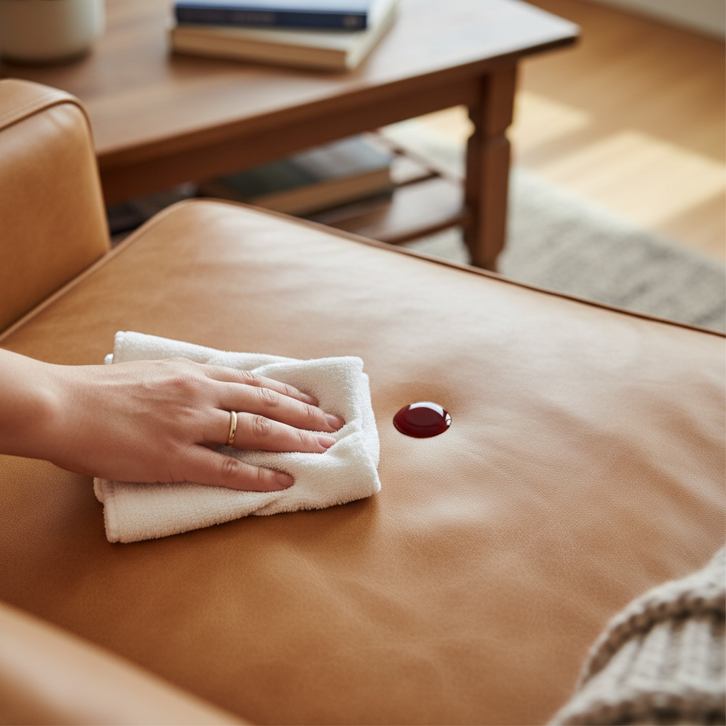 A top-down, slightly angled view of a light-colored aniline leather sofa or armchair cushion, featuring a small, freshly spilled red wine or coffee stain. A human hand, seen from a first-person perspective, gently holds a soft, clean white cloth or sponge, poised to blot the liquid. The background is softly blurred, indicating a cozy home environment with subtle furniture outlines. The focus is on the action of immediate, careful intervention on the leather. Professional photo style, with warm, inviting lighting and a natural depth of field.
