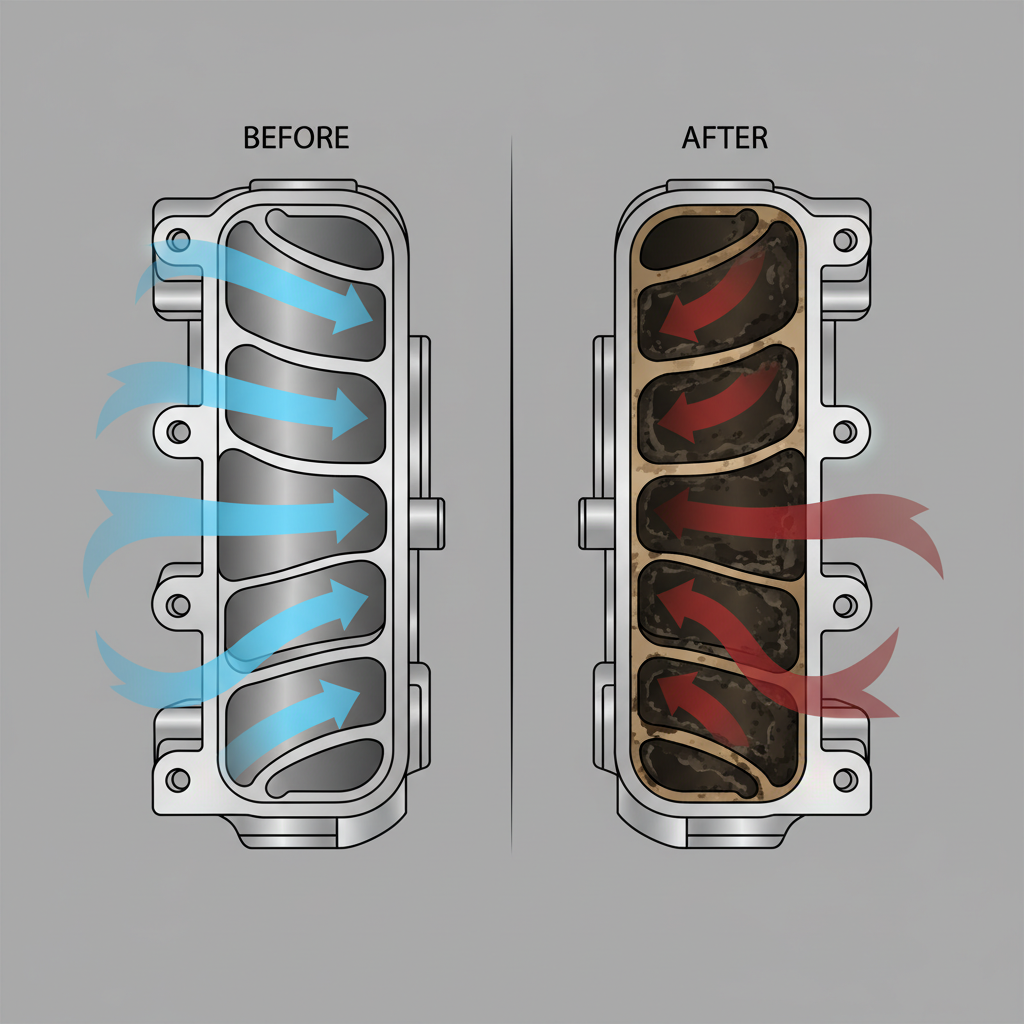 A detailed technical illustration of an automotive intake manifold, presented in a before-and-after or split-view comparison. On one side, the manifold appears pristine and clean, showcasing smooth, open internal air passages with clear arrows indicating unimpeded airflow. On the other side, the same manifold is depicted with significant internal blockages: thick, dark carbon and oil deposits heavily encrusting the inner walls, drastically narrowing the air channels and subtly hinting at turbulent, restricted airflow. The illustration employs a clean, precise infographic style with cutaway elements to reveal the internal structure.