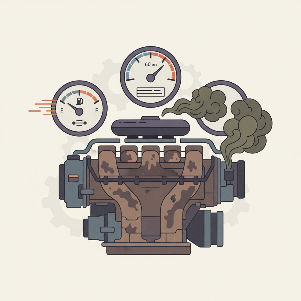 A compelling flat illustration or vector art depicting the adverse effects of a compromised intake manifold on a car's performance. The central element is a stylized car engine component, specifically resembling a dirty or clogged intake manifold, possibly with visible grime. Surrounding this component are symbolic visual indicators of common problems: a fuel gauge pointing towards 'empty' at an accelerated rate, a speedometer showing a reduced maximum speed, and subtle, dark smoke clouds emerging to symbolize increased emissions. The overall aesthetic suggests inefficiency and operational struggle, using a muted color palette.