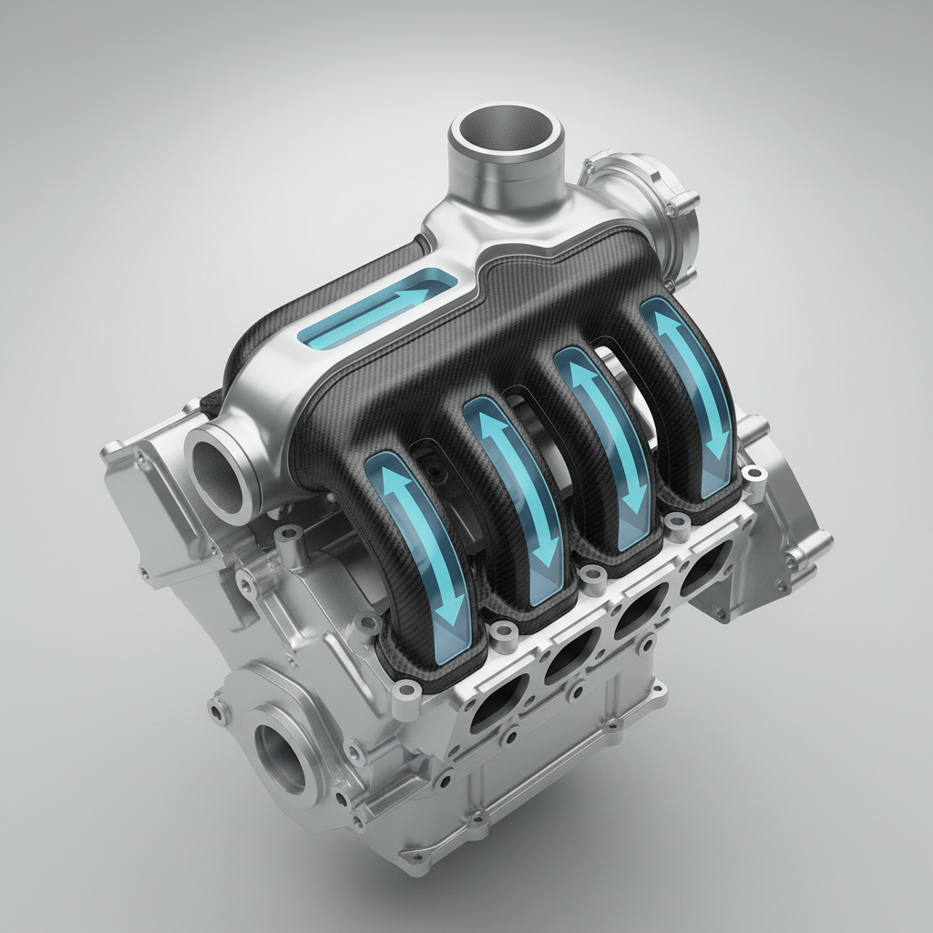 A detailed 3D technical illustration of a modern car engine's intake manifold. The manifold, depicted in a clean, metallic or composite material, is clearly visible as a complex, multi-branched component attached to the engine block. Transparent sections or cutaways reveal its internal structure, highlighting optimized air channels. Gentle, light blue arrows illustrate the smooth, clean airflow moving from the main inlet through the manifold's runners towards the cylinders, implying efficient distribution. The overall style should be professional and educational, with sharp lines and realistic material rendering suitable for an automotive mechanics blog.
