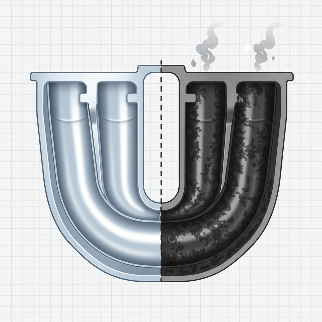 An infographic-style illustration comparing a clean versus a dirty intake manifold. On the left side, a pristine cross-section of an intake manifold shows smooth, unobstructed internal walls, depicted in a light, metallic gray. On the right side, a parallel cross-section of the same manifold type is heavily coated with dark, uneven carbon and oil deposits, visibly narrowing the air passages and showing rough texture. Subtle visual cues like faint, dark grey gas clouds or oil droplets could be implied entering the dirty manifold section, symbolizing the contamination sources like EGR. The visual contrast should be stark, emphasizing the degradation.