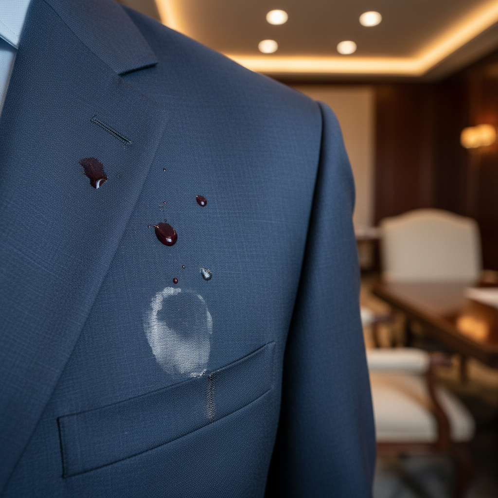 A close-up, professional photo of a high-quality navy blue suit jacket lapel, subtly yet clearly marred by several distinct, fresh stains. One prominent, small red wine splash is visible, another smaller coffee drip, and a faint greasy smudge. The fabric texture is finely detailed, showing the delicate nature of the suit material. The overall lighting is soft but highlights the contrast between the pristine fabric and the accidental imperfections, conveying the immediate challenge of stain removal. The background is a blurred, elegant office or event setting, suggesting the typical environments where such incidents occur.