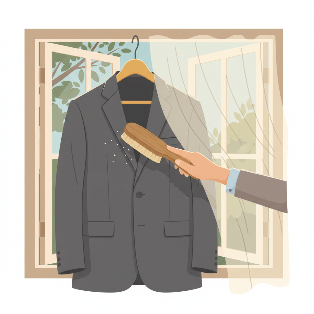 A clean, professional flat illustration depicting a dark suit jacket hanging neatly on a wooden hanger by an open window. A gentle breeze is subtly indicated, possibly by light curtain movement or leaves outside. A hand, carefully using a soft clothes brush, is gently sweeping over the suit fabric, removing invisible dust. The overall scene conveys freshness, care, and a natural, budget-friendly approach to garment maintenance, using a soft, inviting color palette.