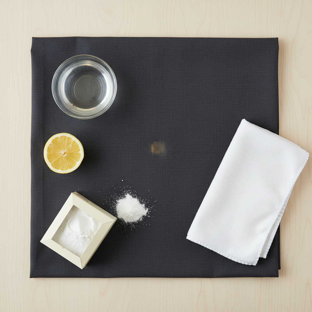 A high-quality, brightly lit top-down photo (flat lay) showcasing common household items arranged around a small, faint stain on a piece of dark suit fabric. The items include a small glass bowl with a clear liquid (vinegar or water), a lemon wedge, a box of baking soda, and a clean white microfiber cloth. The setup is clean and minimalist, emphasizing simple, accessible, and cost-effective home remedies for spot cleaning suits.