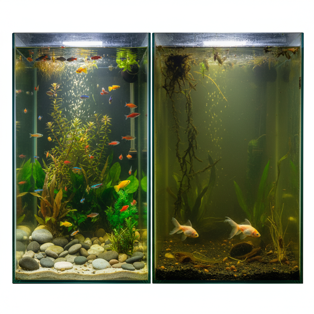A side-by-side visual comparison of two aquariums. On the left, a vibrant, crystal-clear aquarium teeming with healthy, brightly colored fish swimming gracefully among lush green aquatic plants and clean decorative rocks. Sunlight streams into the tank, highlighting the pristine water. On the right, a murky, neglected aquarium with cloudy, greenish water, visible algae growth clinging to the glass and decor. The fish appear listless, and decaying plant matter or food debris is scattered on the substrate. A professional photo style, emphasizing the stark contrast in health and cleanliness.