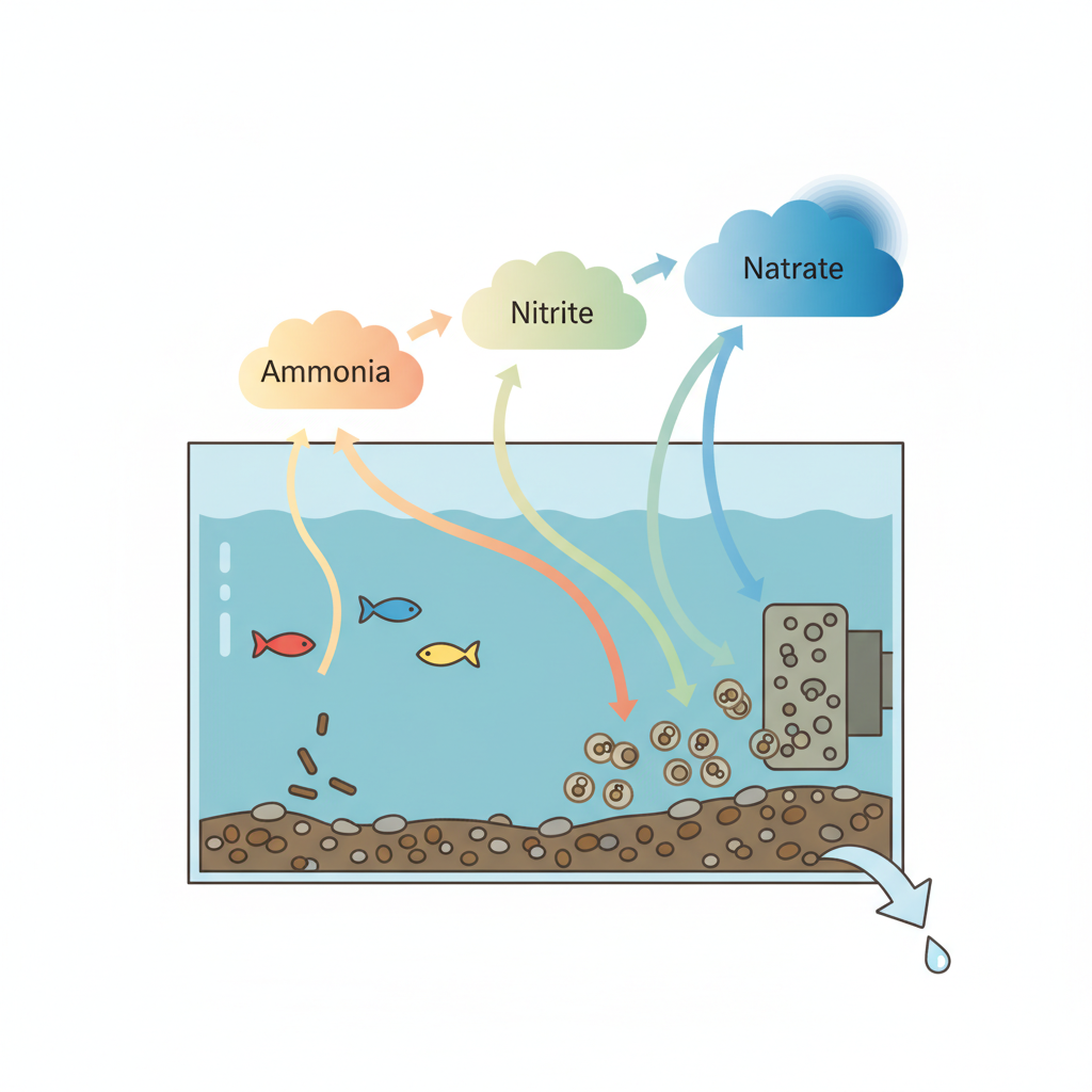 An infographic-style illustration depicting the biological nitrogen cycle within an aquarium. Show a simplified cross-section of an aquarium with fish. Arrows illustrate fish waste and uneaten food releasing ammonia into the water. Indicate beneficial bacteria, perhaps within a filter or substrate layer, transforming ammonia into nitrite, then into nitrate. Use a visual indicator, like a color gradient or symbolic cloud, showing nitrate accumulating in the water, emphasizing the need for water changes. Clean lines, soft blues and greens for water, subtle yellows/reds for pollutants, and brown/grey for substrate/filter.