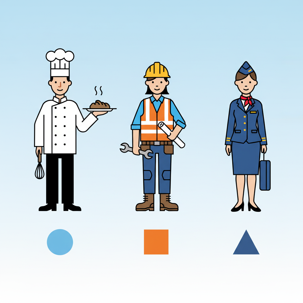 A vibrant flat illustration in an infographic style, depicting three distinct types of workwear. On the left, a figure in a white chef's jacket and hat, representing 'Berufsbekleidung'. In the center, a construction worker wearing a hard hat, high-visibility vest, and safety boots, symbolizing 'Schutzkleidung' (PSA). On the right, a professional in a neat, branded uniform, like a flight attendant or retail employee, illustrating 'Dienstkleidung'. Each figure should be stylized and clearly differentiated, set against a clean, minimalist background, suggesting categorization without any actual text labels.
