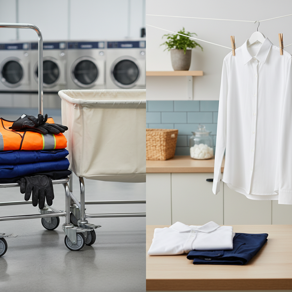 A high-quality professional photograph, captured with a clean, well-lit aesthetic. The scene is divided into two conceptual halves. On one side, industrial work overalls, a safety vest, and heavy-duty gloves are neatly stacked next to a large, empty industrial laundry cart. On the other side, a crisp, clean professional uniform shirt (e.g., a white button-down or polo) is hanging on a line in a bright, modern home laundry room. The contrast visually represents the different cleaning responsibilities, emphasizing professional versus domestic settings without any textual indications.