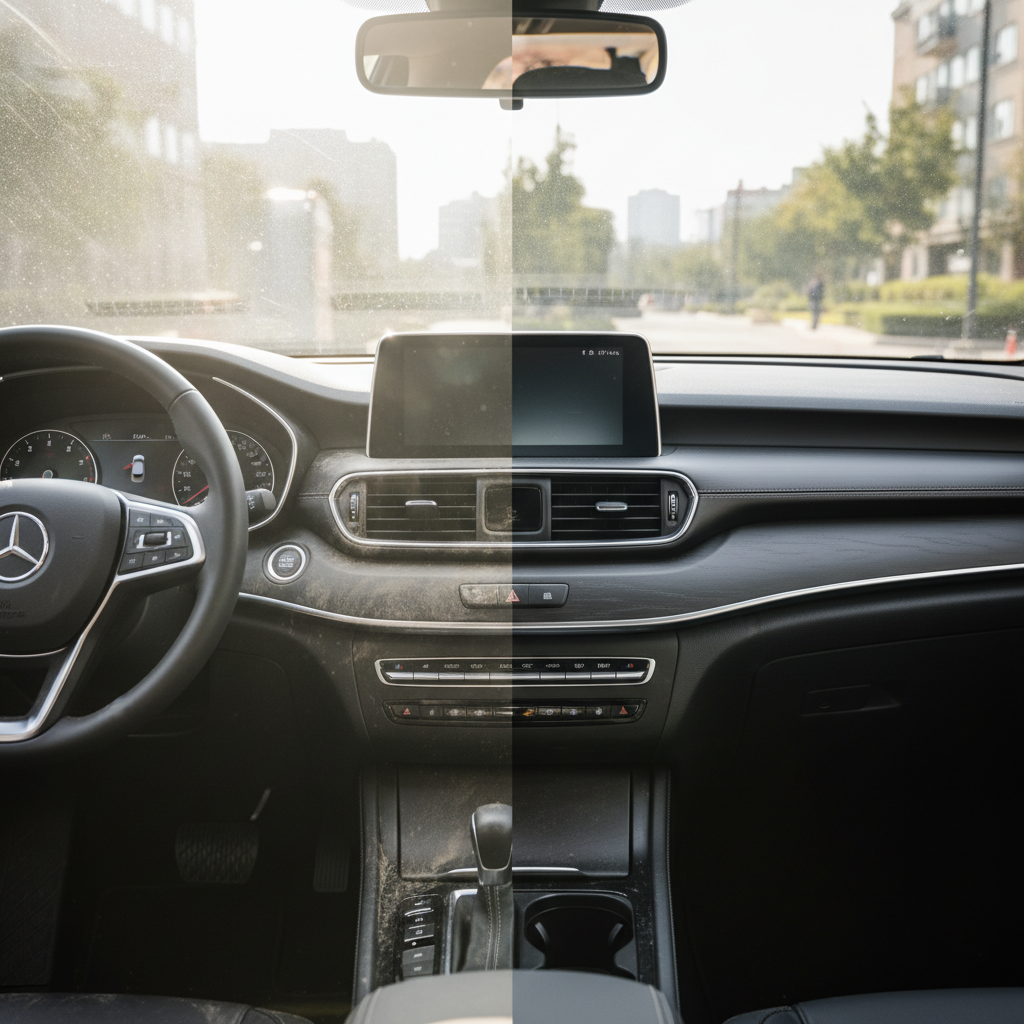 A professional, realistic photo showing a car dashboard split into two sections. On the left side, the dashboard appears visibly dusty and dull, with noticeable fingerprints and smudges, reflecting harsh sunlight to create glare. On the right side, the same dashboard is impeccably clean, polished, and gleaming, with a smooth, even surface that reflects light softly without glare. The overall image emphasizes the dramatic improvement in appearance and clarity, subtly hinting at enhanced safety and value.