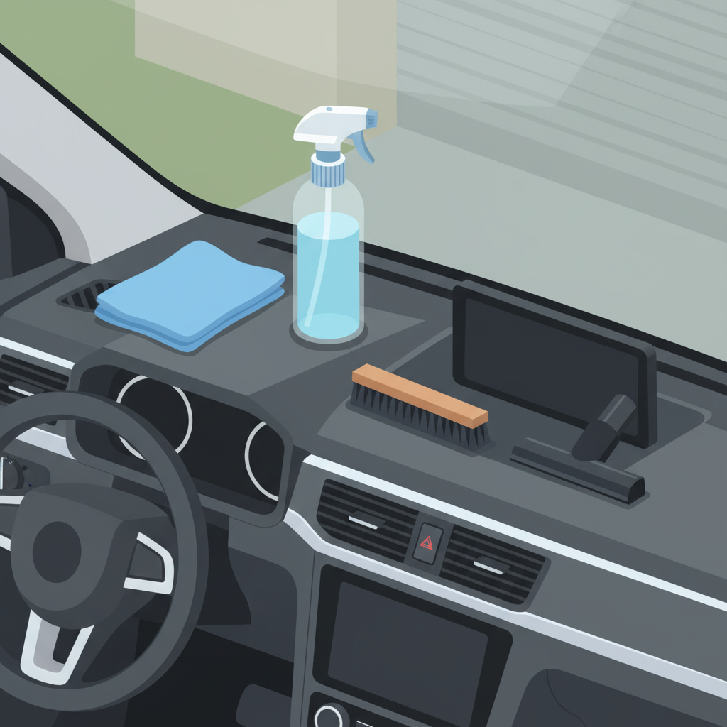 A flat illustration or isometric view depicting various generic cleaning tools arranged neatly on a car dashboard. Featured items include a soft microfiber cloth, a small spray bottle containing a generic cleaning solution (no branding), a detailing brush with soft bristles, and perhaps a small vacuum attachment. The dashboard itself is depicted as clean and sleek, and the scene implies the readiness for or completion of a thorough cleaning process, highlighting the tools without any active hand.