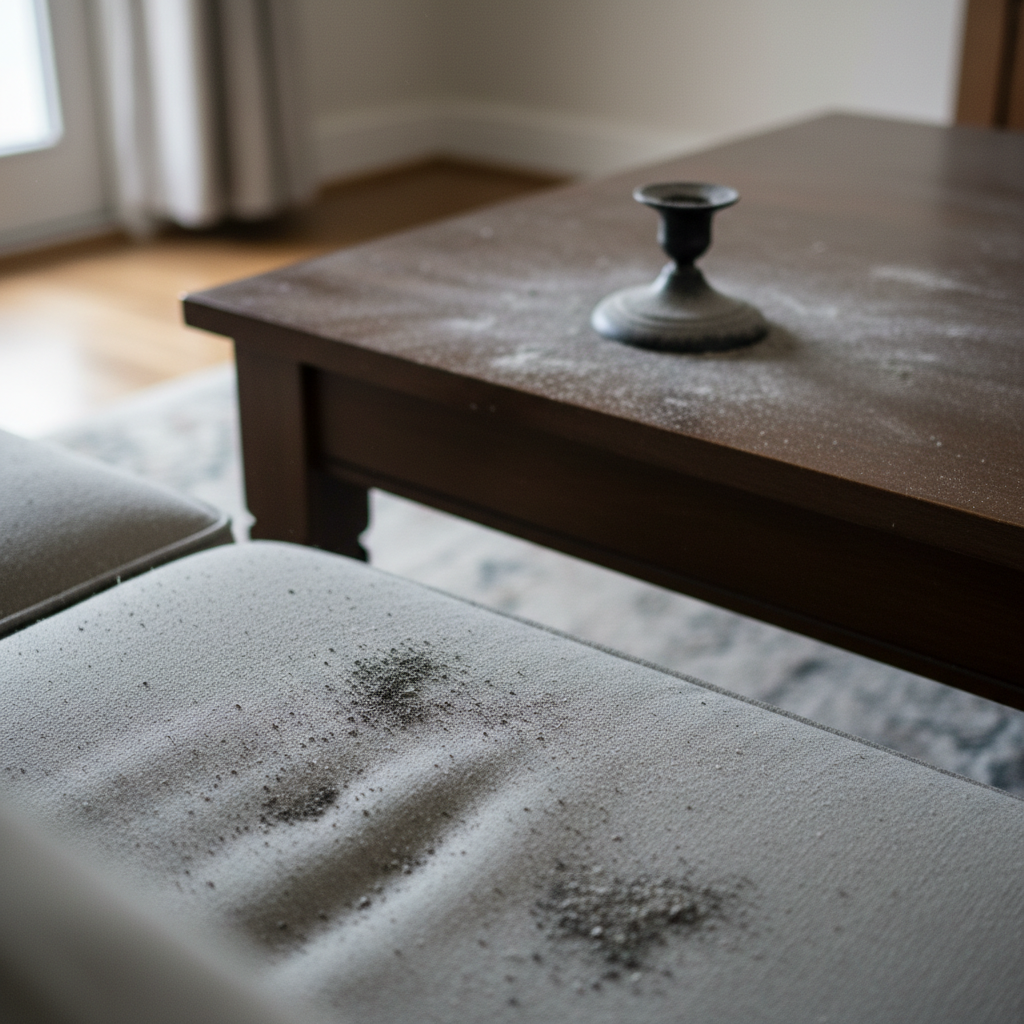 A close-up, slightly elevated shot of common household surfaces marred by ash stains. On a segment of a light grey upholstered couch cushion, a cluster of fine, dark ash particles is visible. Next to it, a dark wooden coffee table has a subtle dusting of ash, perhaps near a burnt-out candle base (without showing the candle itself). The overall impression is one of needing immediate cleaning, highlighting the pervasive nature of ash across different textures. Use a realistic photo style with soft lighting and a shallow depth of field to emphasize the ash.