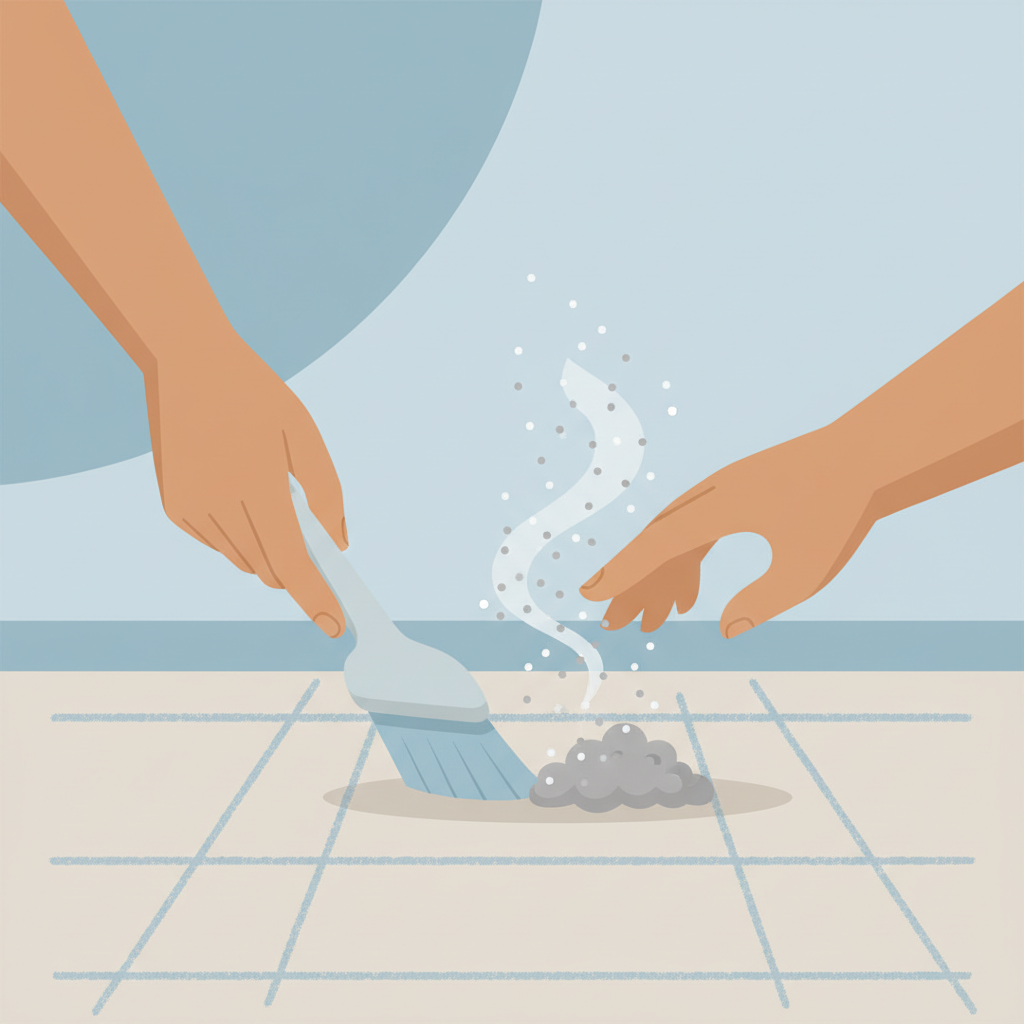 A pair of hands is carefully demonstrating the first step of ash removal. One hand holds a small, soft-bristled brush or a handheld vacuum cleaner attachment, gently approaching a small pile of loose ash on a textured, light-colored floor or carpet. The ash particles are visibly being disturbed and lifted away, not pressed down. The scene conveys a sense of meticulous care and a 'do not rub' message. Use a clean, modern flat illustration style with a focus on clear action and a calm color palette of soft blues, greys, and natural wood tones.