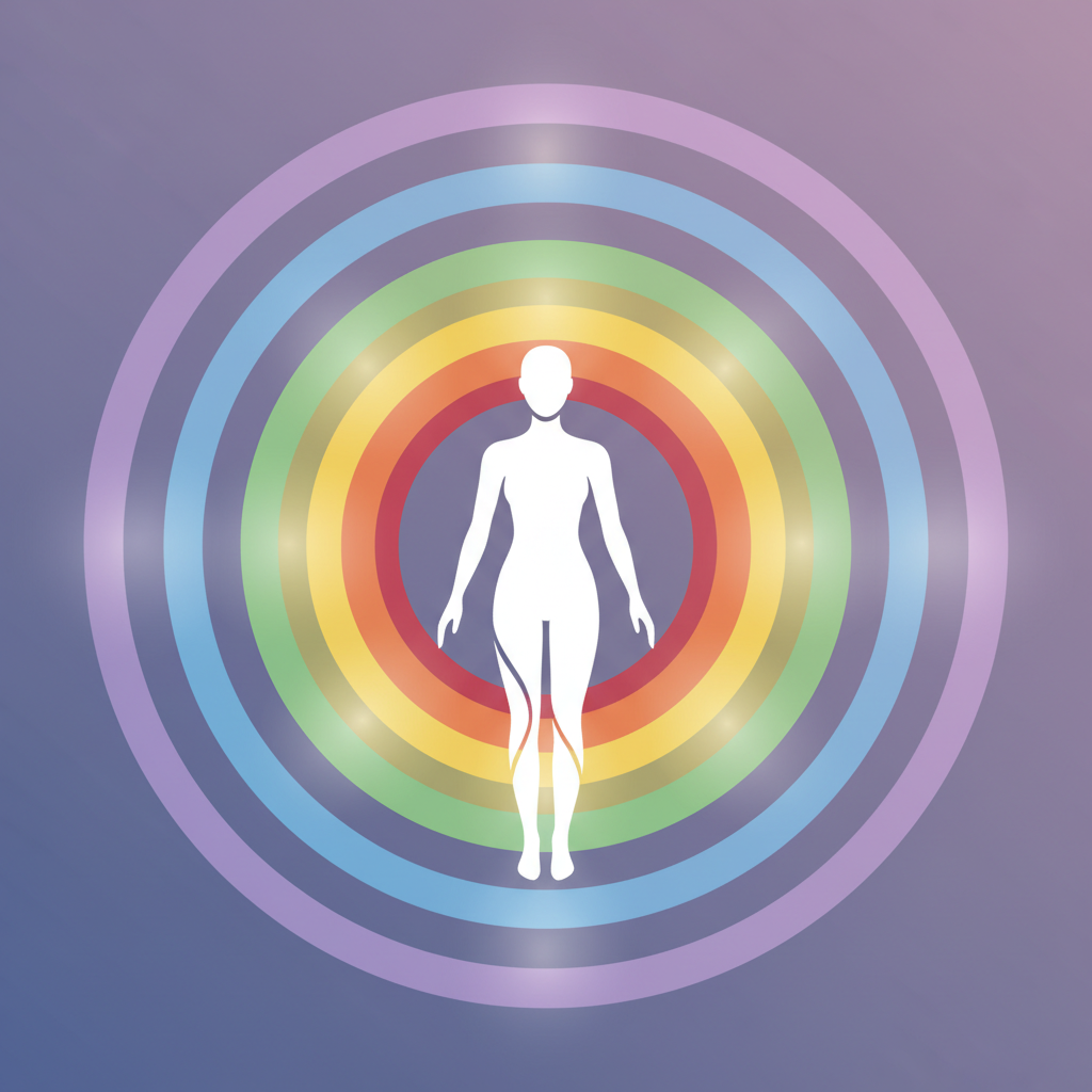 A detailed, modern flat illustration depicting a stylized, gender-neutral human silhouette standing centrally. Surrounding the figure are multiple concentric, semi-transparent, softly glowing layers, each in a distinct, harmonious color (e.g., red, orange, yellow, green, blue, indigo, violet). These layers represent the different energetic bodies of the aura, expanding outwards from the physical form, illustrating its multi-layered structure. The overall visual should convey a sense of subtle energy, balance, and interconnectedness, rendered with clean lines and a soft, ethereal glow, suitable for an educational blog article.