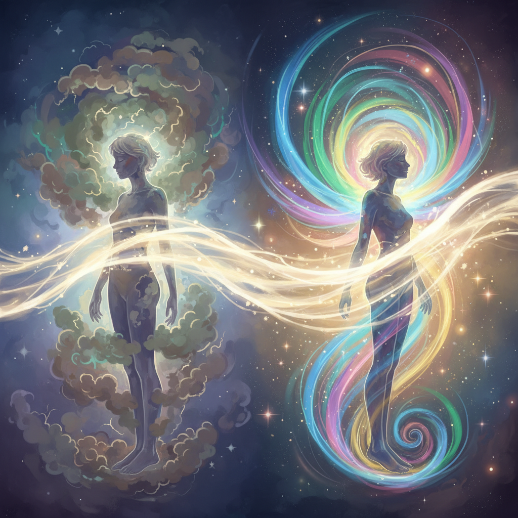 A vibrant, ethereal digital painting illustrating the concept of aura cleansing and renewal. On the left side, a semi-transparent human figure is enveloped by slightly murky, fragmented, and dull-colored energy fields, symbolizing a 'blocked' or 'unclean' aura. On the right side, the same figure is surrounded by radiant, clear, flowing, and harmoniously colored light patterns, emanating a sense of peace, vitality, and balance. A subtle, luminous wave or stream of pure light appears to be moving across the image, symbolically purifying and transforming the aura from the left's state to the right's vibrant state. The scene should evoke spiritual well-being and energetic rejuvenation.