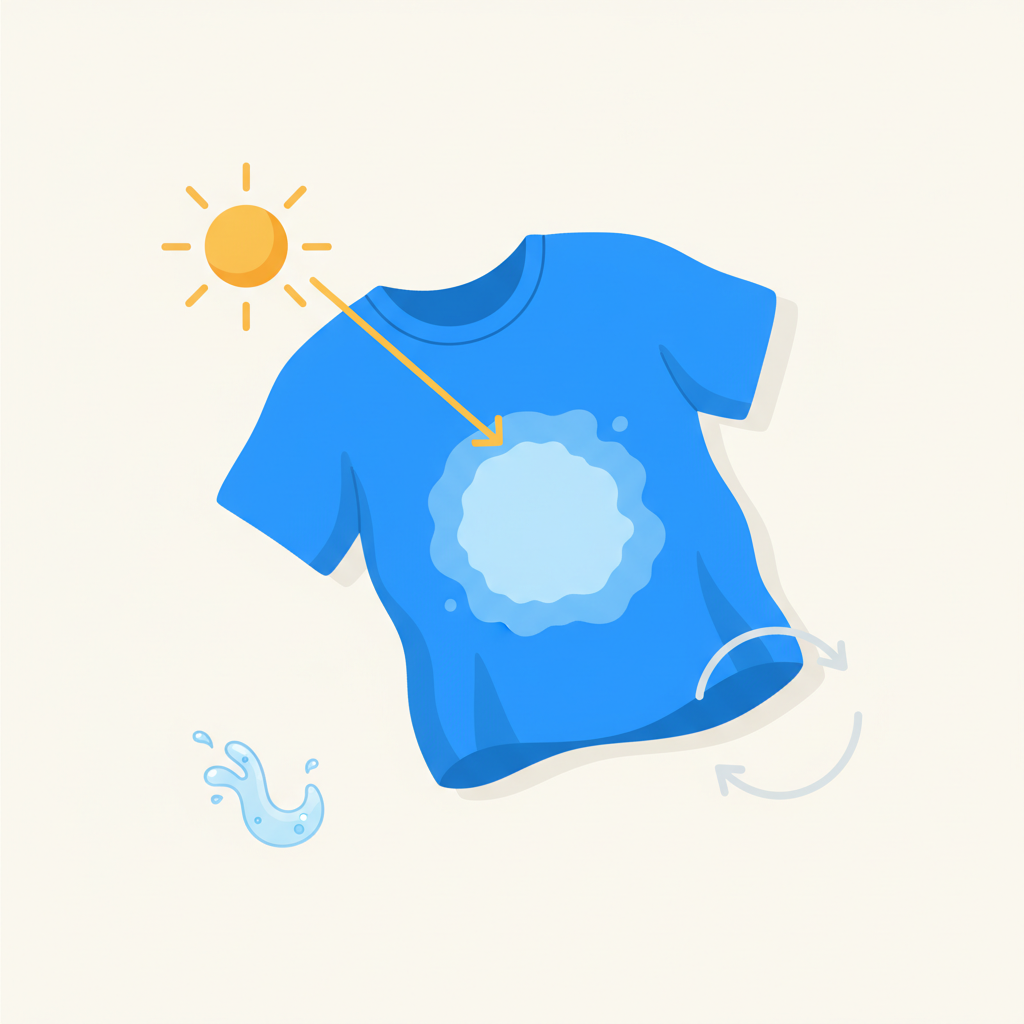 A clean, minimalist flat illustration depicting a piece of crumpled fabric, perhaps a vivid blue t-shirt, with a distinct, lighter, bleached circular spot on its surface. Surrounding the fabric, subtle, abstract visual elements represent the causes of bleaching: a stylized sun icon emitting gentle rays towards the spot, a small, controlled splash of liquid symbolizing chemical reactions, and two faint, curved arrows indicating friction. The overall scene should convey the common problem of bleached spots on textiles, with a focus on visual clarity and a modern, approachable aesthetic suitable for a blog article.