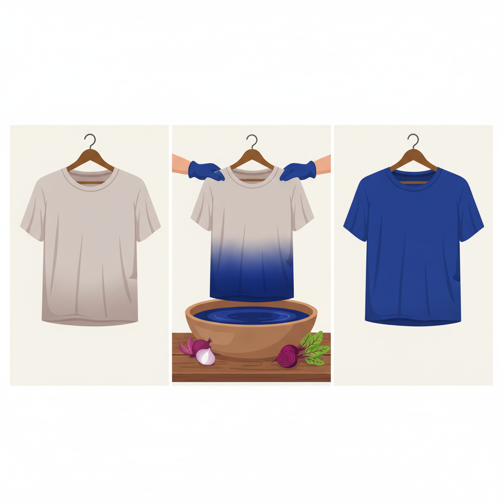 An infographic-style illustration showcasing the process of re-dyeing a faded textile. The left side depicts a beige or light grey plain t-shirt with a faded, washed-out appearance. In the center, a large basin or bucket filled with a rich, dark liquid dye is shown, with the t-shirt partially submerged, transitioning in color. On the right, the same t-shirt appears fully saturated with a vibrant, deep color, suggesting a successful restoration. Subtle elements like natural dye ingredients (e.g., onion peels, beetroot) could be faintly visible near the dye bath, emphasizing the methods discussed. The style should be clean and informative, ideal for visual instruction.