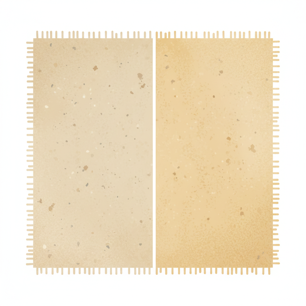 A split-screen or side-by-side comparison of a carpet section. On the left, the carpet appears dull, slightly discolored with subtle, unidentifiable specks of dust or grime, subtly hinting at hidden allergens. On the right, the same carpet section is vibrant, clean, with clearly defined fibers and rich, restored colors, radiating freshness and hygiene. The overall image should emphasize the dramatic visual improvement and health benefits of cleaning. Style: Clean, modern flat illustration with a slightly textured finish, focusing on the contrast.