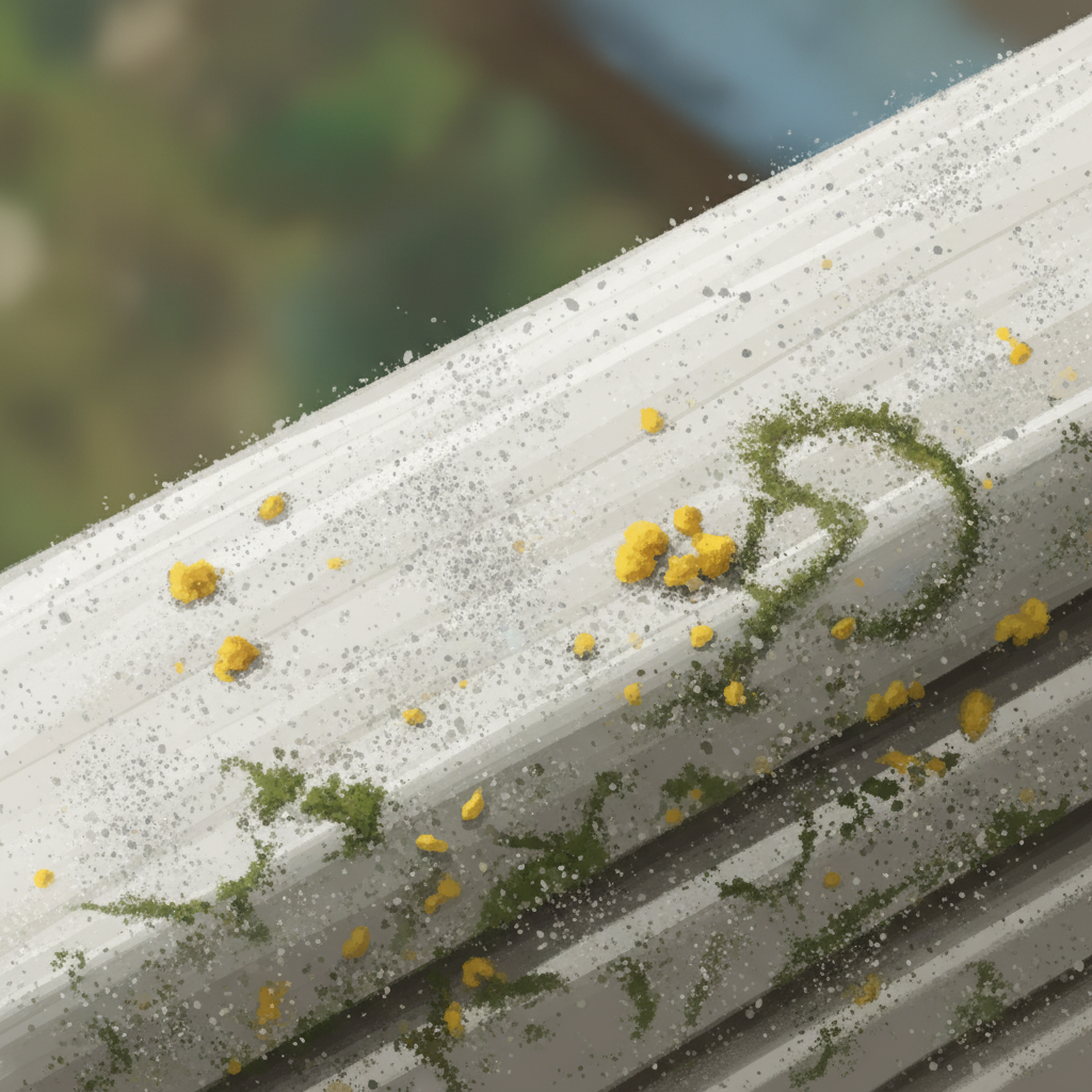 A detailed macro-style illustration focusing on the surface of an outdoor blind slat. The illustration clearly depicts various types of accumulated dirt: fine grey dust particles, yellowish pollen grains, and small patches of green algae or moss clinging to the texture of the slat. The background is slightly blurred to emphasize the dirt, using a realistic yet illustrative style that highlights the problem of environmental buildup.