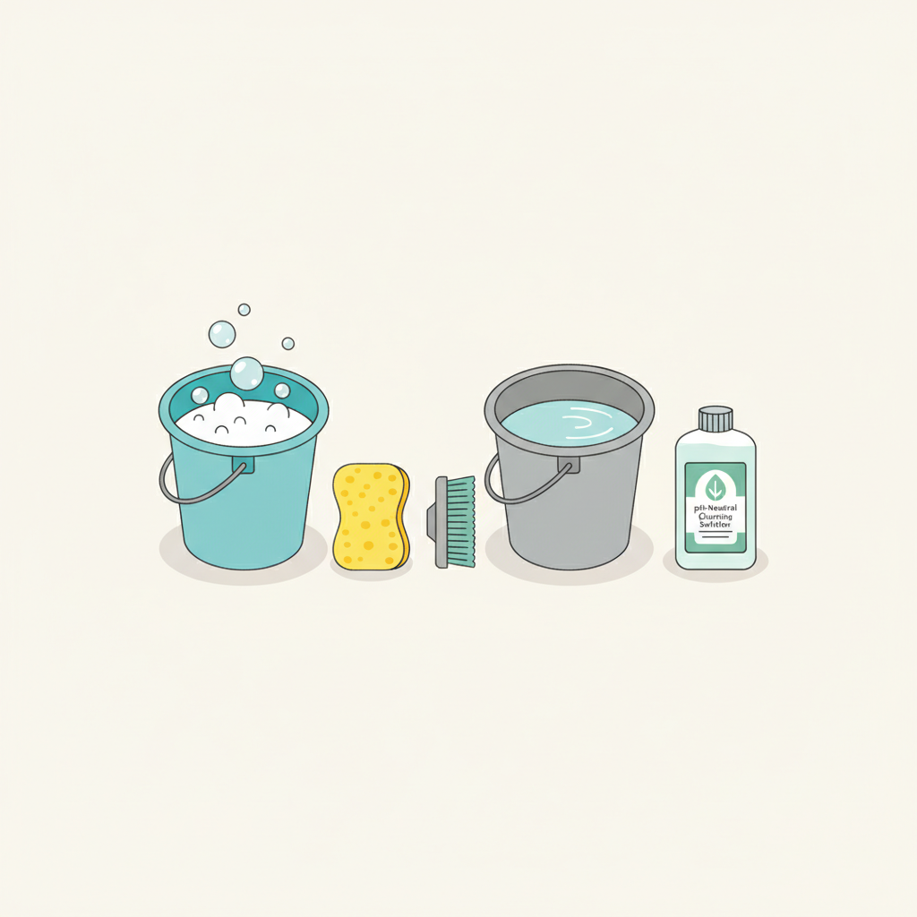 An infographic-style flat lay illustration of all the necessary tools and materials for cleaning outdoor blinds. The arrangement includes two distinct buckets (one clearly containing soapy water with a few bubbles, the other with clear water), a soft yellow sponge, a specialized slatted brush, and a bottle of pH-neutral cleaning solution. The items are neatly organized on a clean, light surface, creating a clear visual guide to preparation.
