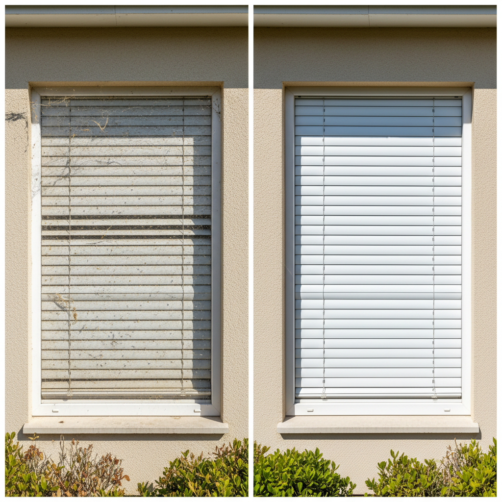 A vibrant professional photo capturing the transformation of external blinds. One side of the image shows a section of a house with external blinds visibly covered in a layer of grey dust, yellow pollen, and some light streaks of dirt, looking dull and neglected. The other side of the image depicts the same section of blinds, now sparkling clean, reflecting sunlight slightly, appearing vibrant and contributing positively to the house's well-maintained facade. The contrast should be stark, highlighting the effectiveness of cleaning.