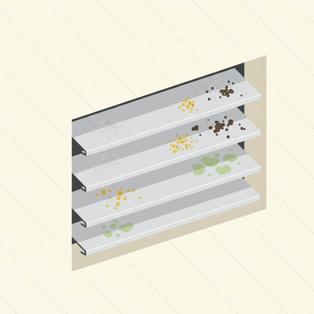 A modern, clean flat illustration depicting a close-up cross-section of several external blind slats against a subtle, light house wall background. Various types of common dirt are visually represented accumulating on the surfaces of the slats: fine grey dust particles, abstract yellow specks representing pollen, small dark spots for soot or bird droppings, and faint green patches suggesting algae. The illustration subtly conveys how these layers accumulate and affect the blind's appearance and potential function.