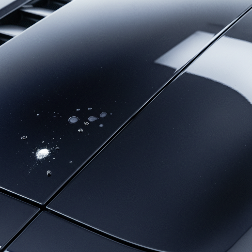 A vibrant, professional close-up photo of a sleek, dark-colored car's paint surface, clearly divided into two conceptual sections. One section shows various common car stains like a small, dried bird dropping, a few tiny tar spots, and some hazy watermarks. The other section, immaculately clean and reflective, shines brightly, showcasing the car's restored finish. The transition between the stained and clean areas is sharp and visually distinct, emphasizing the effectiveness of stain removal. The lighting is bright and even, highlighting the textures of both the stains and the pristine paint.