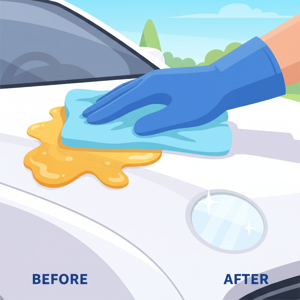An engaging, illustrative flat illustration depicting a dynamic scene where a human hand, wearing a blue cleaning glove, is gently wiping away a troublesome, sticky stain, like tree sap or insect residue, from a car's metallic surface. The car's paint is visible beneath, with a stylized 'before' area showing the persistent stain, and an 'after' section revealing a sparkling clean, restored patch. A soft, clean microfiber cloth is held by the hand. The overall mood is positive and effective, using bright, clean colors and smooth lines typical of modern infographic design.