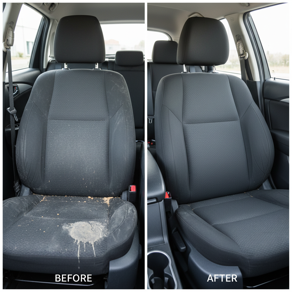 A visually striking 'before and after' image of a car seat. The 'before' side depicts a car seat (e.g., dark grey fabric) with visible dust, crumbs, and a subtle, dried liquid stain on the cushion, appearing dull. The 'after' side, seamlessly connected, shows the identical car seat looking impeccably clean, fresh, and vibrant, with the fabric texture restored and the colors brightened. The overall impression is one of radiant cleanliness and renewal, with soft, natural lighting highlighting the contrast in cleanliness and texture. Professional photo style.