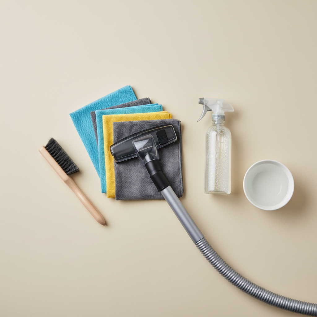 A bright, professional studio flat lay photo showcasing essential car seat cleaning tools. Neatly arranged on a light, neutral surface are items like a vacuum cleaner hose with an upholstery nozzle attachment, a stack of clean, folded microfiber cloths in various colors, a soft-bristled upholstery brush, a generic, unlabeled spray bottle (implying cleaning solution), and a small bowl of clean water. The composition is clean, organized, and inviting, emphasizing readiness for a cleaning task with high-key lighting and a modern, crisp aesthetic.