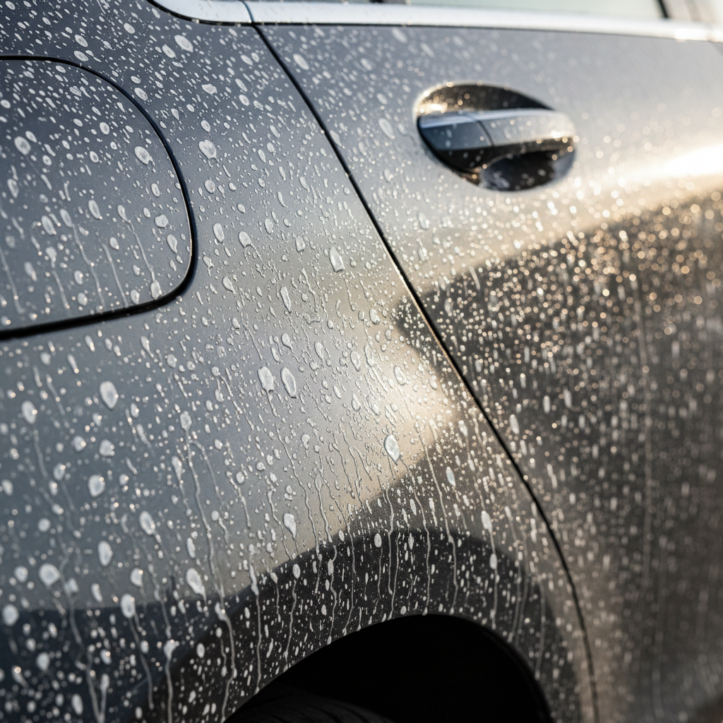 A close-up, professional photograph of a dark-colored car's hood or side panel, heavily covered with prominent, white, circular water spots and mineral streaks. The surface should show a dull, unkempt appearance due to the spots. A slight reflection of sunlight could be visible, emphasizing the cloudiness and mineral residue on the paint, contrasting sharply with what should be a glossy finish. Focus on the texture and visual impact of the mineral deposits.