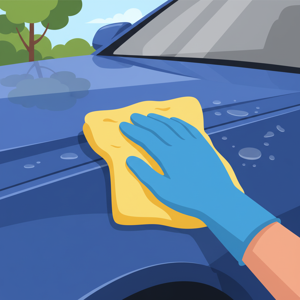A vibrant, clean flat illustration showing a car's glossy dark blue surface being meticulously cleaned. A hand, wearing a cleaning glove, is gently wiping away water spots with a soft, clean microfiber cloth. One section of the car is visibly sparkling and free of spots, while an adjacent section still shows faint, cloudy water marks, creating a clear visual contrast of before and after. The cleaning process should appear effortless and effective.