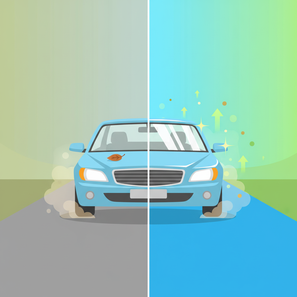 A vibrant, modern flat illustration depicting a split scene. On the left, a slightly dusty and dull generic sedan looks a bit neglected, with a subtle cloud of dust or a fallen leaf near it, conveying the 'before' state. On the right, the exact same car model is sparkling clean, reflecting light, with a polished gleam. Surrounding the clean car are subtle, positive abstract elements like small upward-pointing arrows or shimmering particles, symbolizing improved value, health, and comfort. The overall aesthetic should be bright and optimistic, highlighting the transformation achieved through affordable cleaning.