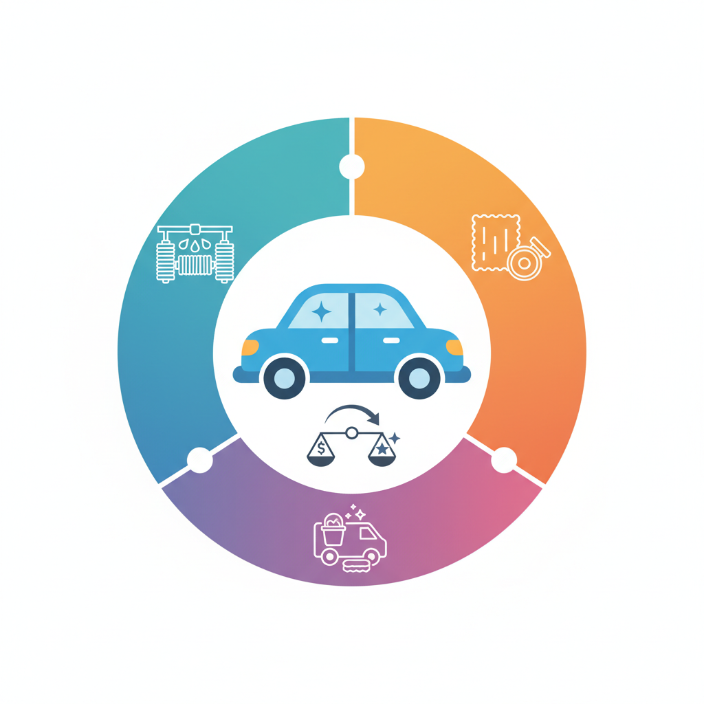 An infographic-style illustration showcasing a simplified decision-making process for car cleaning. At the center, a stylized car icon (clean and generic) is surrounded by three distinct, abstract representations of service types. One segment could represent a quick, automated car wash (e.g., stylized brushes and water jets), another a more comprehensive detailing service (e.g., a microfiber cloth and a polishing machine icon), and a third a mobile service (e.g., a van outline with cleaning tools). A subtle, balanced scale or a pointer could indicate finding the 'best compromise' between quality and cost. The style should be clean, clear, and easy to interpret, using a harmonious color palette.