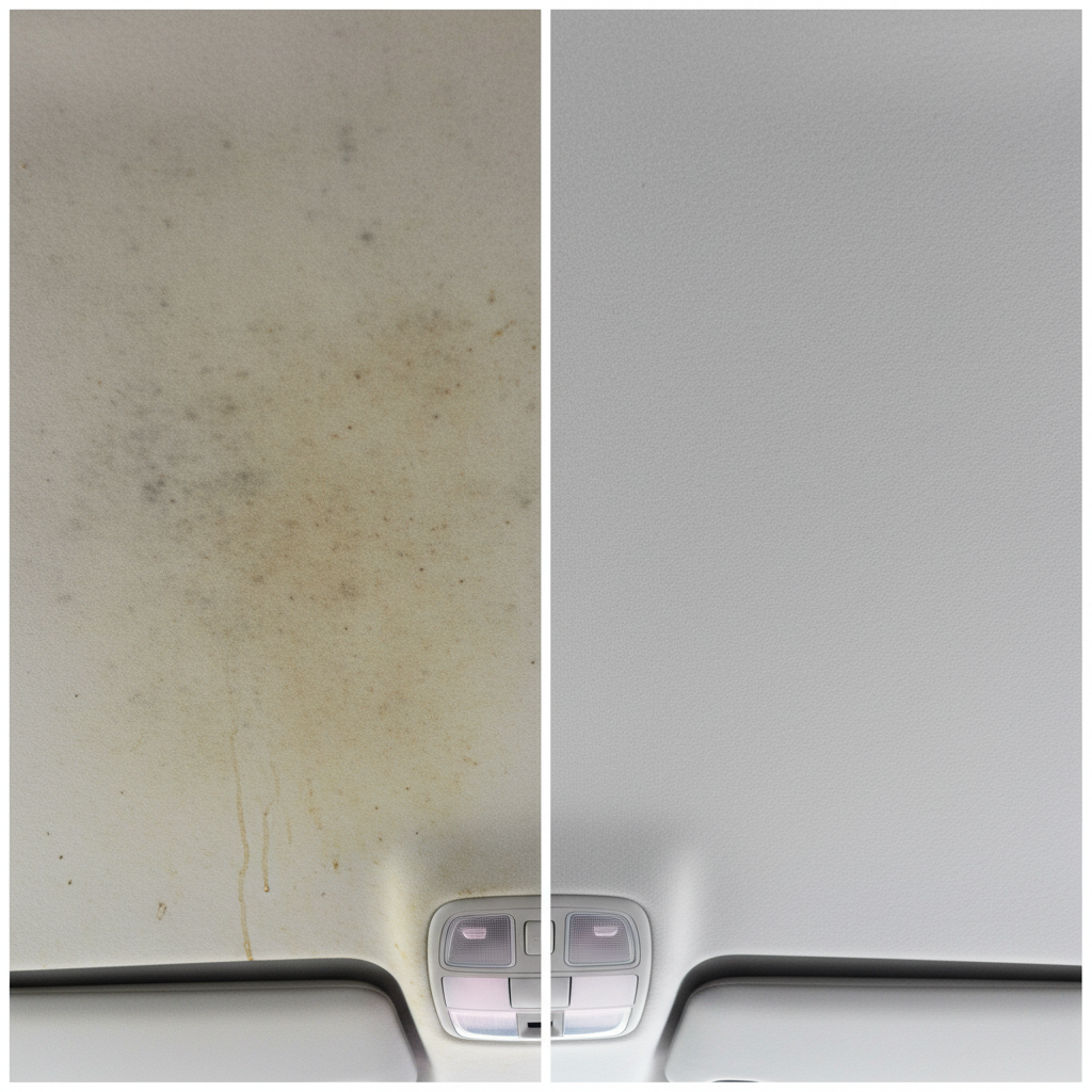 A split image professional photo showing the interior ceiling (Autohimmel) of a car. On the left side, the headliner appears visibly stained with subtle dark spots, dust accumulation, and a yellowish tint, conveying neglect and grime. On the right side, the same headliner is pristine, bright, and uniformly clean, emanating a fresh and well-maintained appearance. The division between the two states is sharp but visually appealing, highlighting the significant transformation from dirty to clean. No visible vehicle branding or distracting elements.