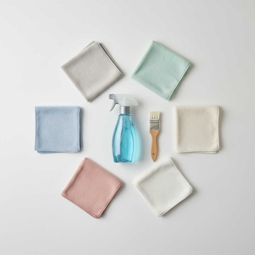 A clean, brightly lit flat lay illustration showcasing the essential tools for car headliner cleaning. In the center, a sleek spray bottle contains a generic cleaning solution (visually represented without text). Surrounding it are several neatly folded, soft microfiber cloths in various muted colors, suggesting different stages or types of cleaning. A small, soft-bristled detailing brush is also visible. The background is a minimalist, light surface, creating a sense of organized preparation and effectiveness with a modern, clean aesthetic.