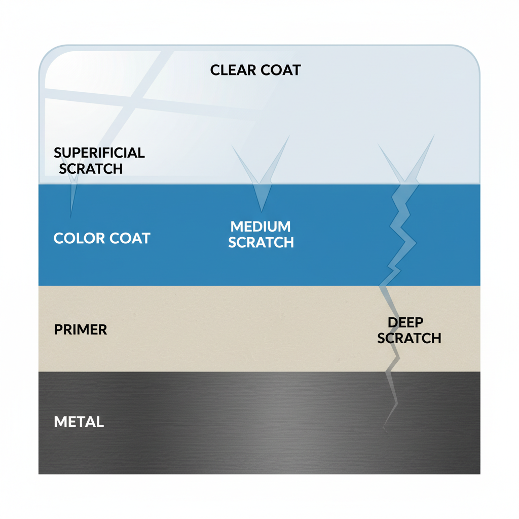 A clean, modern infographic-style cross-sectional diagram of a car's paint layers. It visually illustrates three distinct types of scratches: one superficial scratch only affecting the clear coat, a medium scratch penetrating the clear coat and slightly into the base color layer, and a deep scratch reaching through all layers to expose the primer and bare metal beneath. The different layers (clear coat, color coat, primer, metal) should be clearly distinguishable with varying textures or subtle color differences. The overall aesthetic should be educational, precise, and visually appealing for a technical guide.