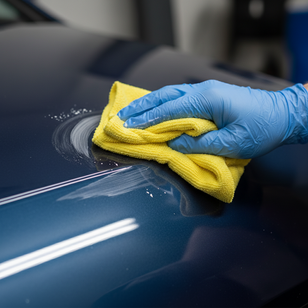 A professional close-up photo focusing on a dark-colored car's body panel, clearly showing a visible scratch. A person's hand, wearing a blue disposable glove, is meticulously applying a polishing compound with a soft microfiber cloth directly over the scratch. The car's surface should have a slight sheen, emphasizing the defect. The background is softly blurred to keep attention on the detailed action of scratch removal. The image should convey a sense of careful restoration and the hands-on process of repairing car paint.