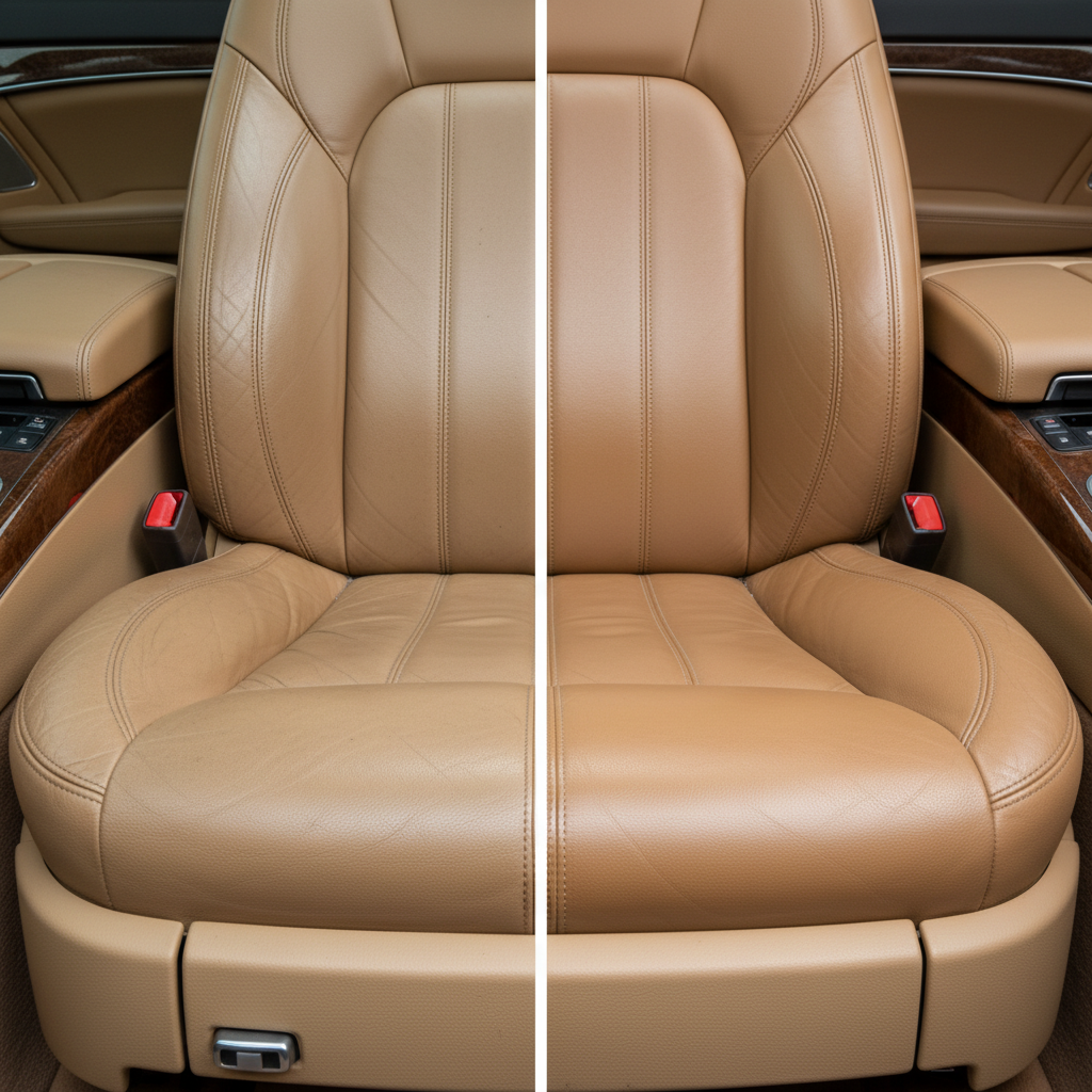 A professional, high-detail photo of a car's luxurious leather interior, specifically focusing on a front passenger seat. The image is cleverly composed to show a stark 'before and after' contrast on the same seat. One half displays the leather looking worn, slightly faded, with subtle dirt and dullness, perhaps a minor crease. The other half presents the identical leather section appearing impeccably clean, deeply conditioned, with a rich, glossy sheen and restored suppleness, reflecting light beautifully. The overall impression is one of dramatic revitalization and preserved luxury.