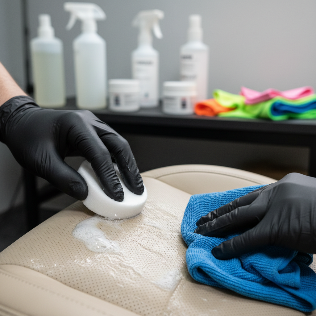 A well-lit, professional close-up photo illustrating the precise process of cleaning car leather. The scene shows gloved hands (gender neutral) gently working on a section of a car's leather seat. One hand holds a soft applicator sponge or a dedicated leather cleaning brush, applying a light foam or cleaning solution, while the other hand is poised to wipe with a clean, plush microfiber cloth. Various neatly arranged, generic cleaning product bottles (sprays, creams) and additional clean cloths are visible in the soft-focus background, suggesting a complete toolkit. The focus is on the careful, professional application.