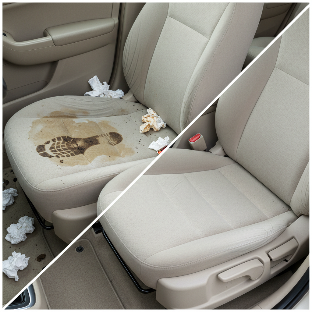 A professional photo showcasing a car's interior. The image should be split vertically or diagonally. On one side, a beige car seat has a prominent coffee spill and a muddy footprint on the fabric. On the other side, the exact same car seat is spotless, looking brand new and perfectly clean. The focus is on the dramatic visual transformation from stained to pristine, emphasizing the article's core message of effective cleaning. The lighting should be bright and clean, highlighting the textures of the upholstery.