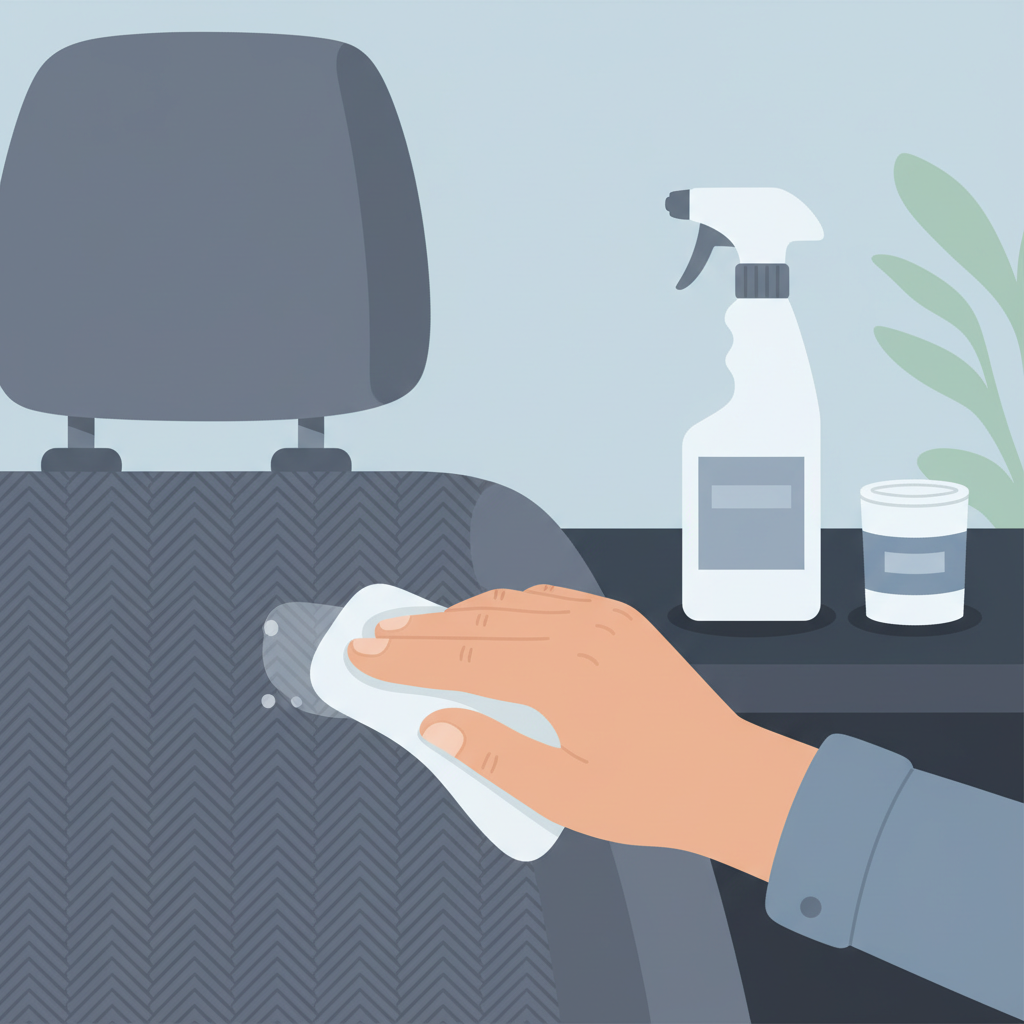 A detailed flat illustration depicting a human hand carefully applying a small amount of cleaning solution with a white microfiber cloth onto an inconspicuous area of a car's fabric seat upholstery. This spot could be under the seat cushion or on the lower back of a headrest, subtly hidden. The illustration should emphasize the texture of the fabric and the careful, precise action of testing. Surrounding elements, like a spray bottle and a small container of cleaning product, can be subtly blurred in the background. The color palette should be clean and muted.