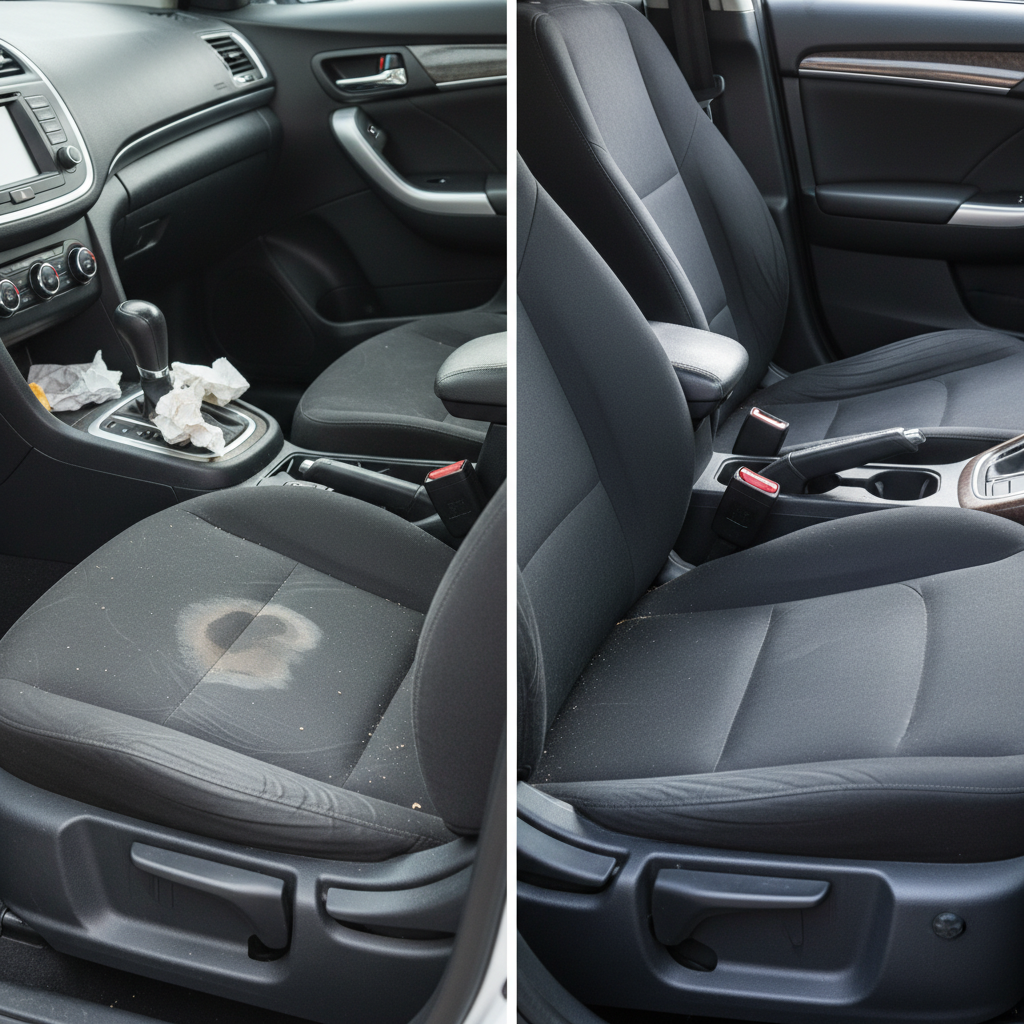 A visually striking 'before and after' concept, showcasing the transformation of a car's interior. On one side, a car seat with visible dust, crumbs, and a small, faded stain, looking dull and uninviting. On the other side, the same car seat appears pristine, vibrant, and spotless, perhaps with a subtle glow, conveying freshness and cleanliness. The overall scene should be bright and appealing, emphasizing the positive impact of cleaning. Professional photo style, with a focus on contrasting textures and lighting to highlight the clean result.