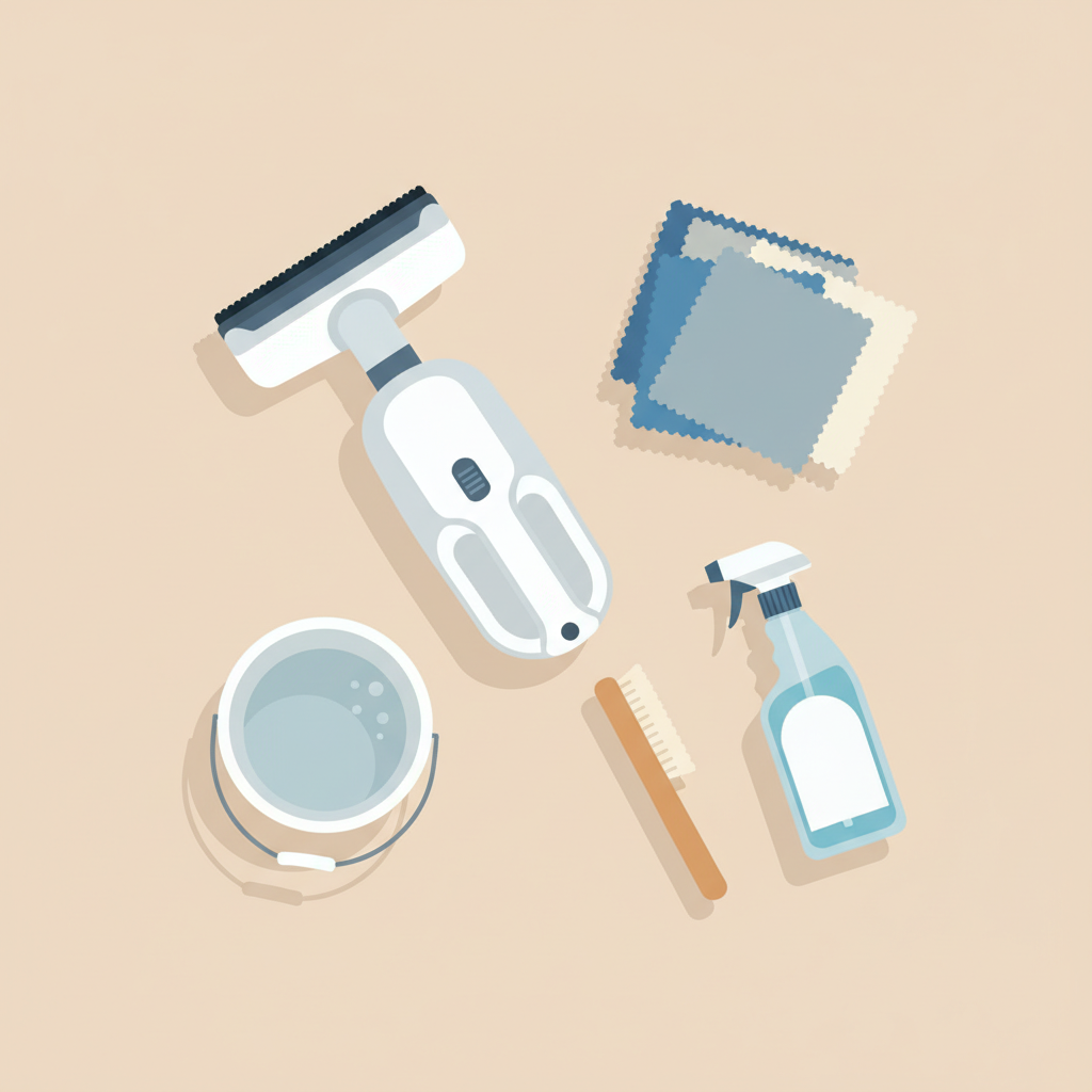 A neat and organized flat lay illustration displaying the essential tools for car upholstery cleaning. Prominently feature a hand-held vacuum cleaner with an upholstery attachment, several neatly folded microfiber cloths, a spray bottle of cleaner, a soft bristle brush, and a small bucket filled with water. The items should be arranged artfully on a clean, light-colored surface, suggesting readiness and efficiency. Use a modern, clean flat illustration style with subtle shadows to give depth. The focus is on clarity and ease of identification for each tool.