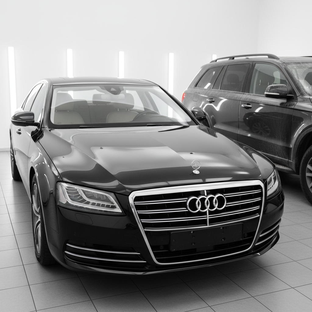 A luxurious, dark-colored car (e.g., black sedan or SUV) perfectly polished and sparkling under soft, bright light, showcasing an immaculate, mirror-like finish. The reflection on its paintwork is crystal clear, perhaps reflecting a clean, minimalist environment. In a subtle visual juxtaposition, perhaps through a blurred background or a slightly less defined area, hints of dirt, dust, or water spots are suggested on another car or section, emphasizing the stark 'before and after' transformation that meticulous cleaning achieves. The overall impression is one of elegance, pristine condition, and high value. Style: High-quality professional photo, highly realistic.