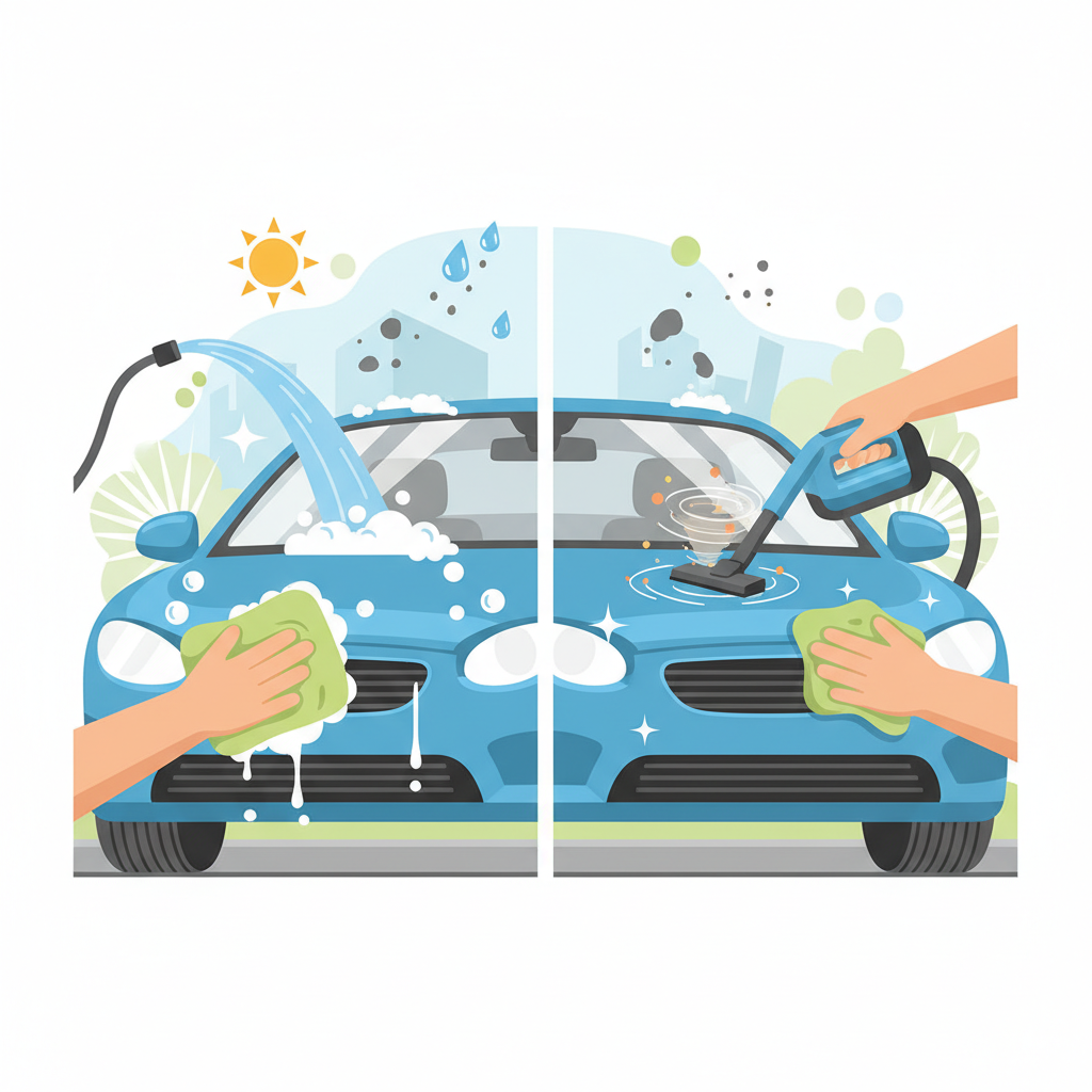 An illustrative scene depicting a car being meticulously cleaned, visually divided into two key areas: exterior and interior. On the exterior side, a car is shown being rinsed with water, showcasing suds and a sparkling, wet finish, with elements like a washing mitt or a soft brush subtly in the foreground. On the interior side, a hand is cleaning a dashboard or vacuuming a seat, highlighting cleanliness and attention to detail within the cabin. Around the car, abstract visual cues like a transparent shield icon protecting against environmental elements (e.g., stylized sun rays, rain drops, dirt particles) and a bright light ray emanating from clean windows symbolize improved visibility and safety. Style: Flat illustration with a clean, modern aesthetic and vibrant, fresh colors.