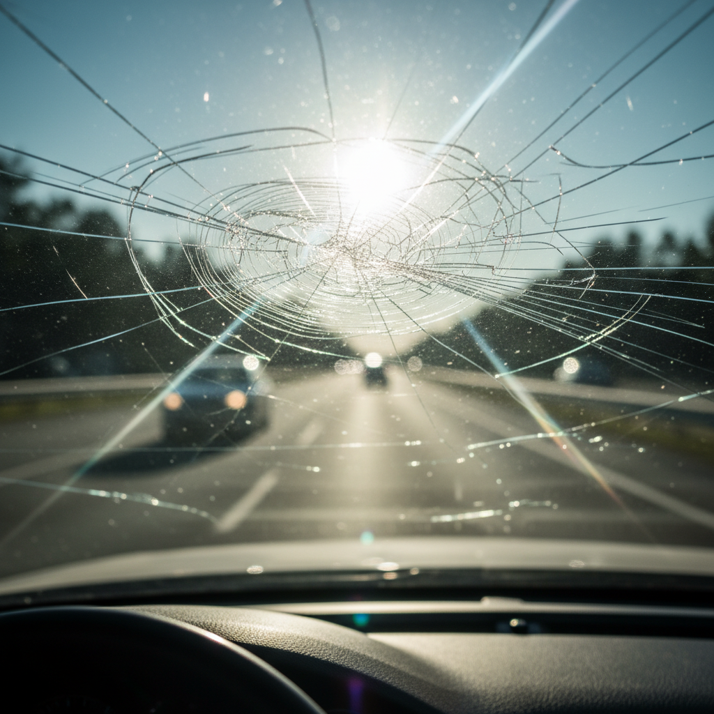 A realistic professional photo taken from inside a car, looking out through the windshield. The view of the road ahead is significantly compromised by several prominent, jagged scratches across the glass. Sunlight or bright oncoming headlights refract sharply through these imperfections, creating a dazzling and dangerous glare that obscures visibility, emphasizing the safety hazard of scratched auto glass.