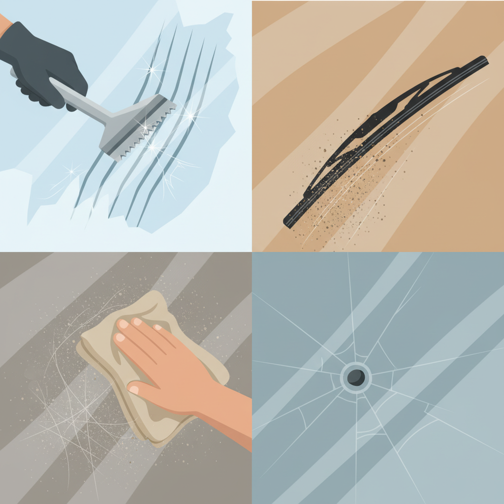 A clean, modern flat illustration divided into distinct visual segments, each depicting a common cause of windshield scratches. One segment shows a metal ice scraper harshly dragged over glass. Another shows gritty dust particles being smeared by a wiper blade. A third depicts a hand wiping a dirty windshield with a coarse, dry cloth. The final segment illustrates a small stone chip impacting the glass, with a fine crack radiating outwards.