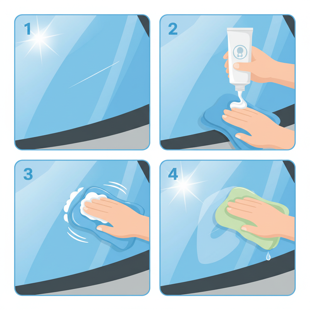 A bright, clear, multi-panel vector illustration demonstrating the steps for removing minor scratches with toothpaste. The first panel shows a clean windshield with a faint scratch. The second shows a hand squeezing a white, non-gel toothpaste onto a soft microfiber cloth. The third panel depicts the hand gently rubbing the toothpaste onto the scratch in circular motions. The final panel shows the residue being wiped away with a clean, damp cloth, revealing a polished, scratch-reduced area.